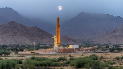 A large rocket sits on its launch pad preparing for liftoff