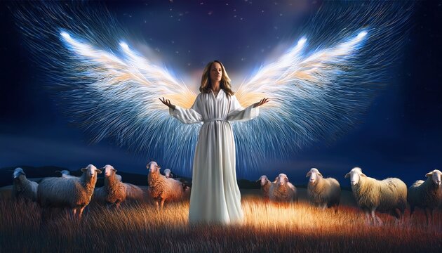 An angel with large glowing wings appears before shepherds in a field at night, surrounded by radiant heavenly light in a dramatic and reverent biblical Christmas scene.