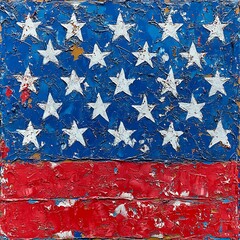 Abstract representation depicting stars and stripes in vibrant colors on a square