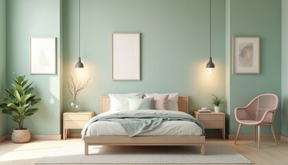 Minimalist bedroom interior. Pastel green walls, neutral colours, modern decor. Bed, pillows, headboard, wooden furniture, nightstands, pendant lamps. Blank wall for art, framed pictures, plants,