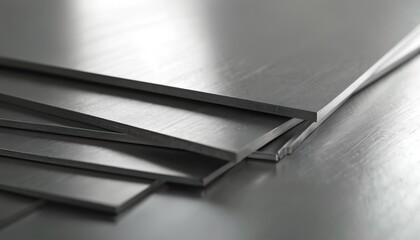 Stack stainless steel sheets. Metal panels construction material. Shiny industrial steel finish, reflective surface. Used for architecture, construction, manufacturing. Durable, robust.