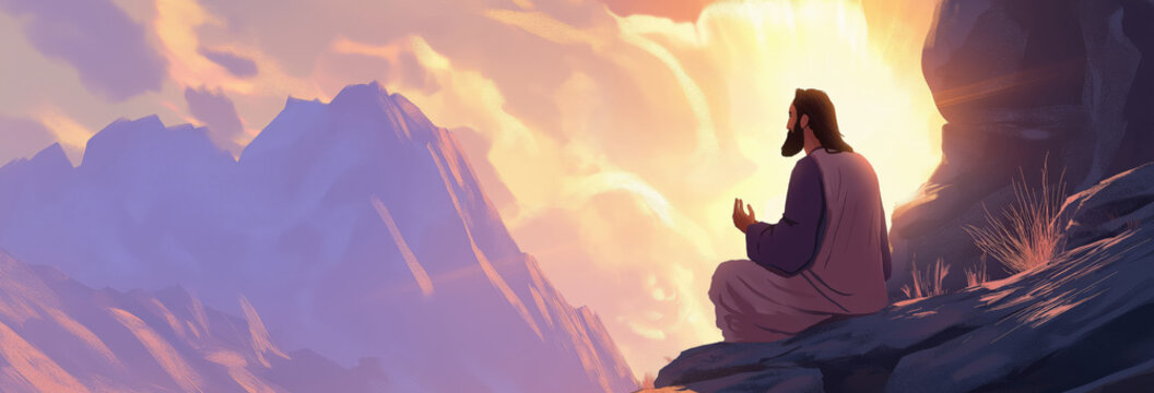 cartoon-style scene where Abraham is praying on the mountain and a strong light is shining on him