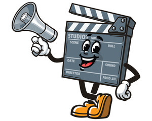 Clapperboard character cartoon holding director's megaphone