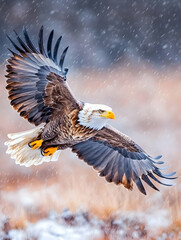 Fototapeta premium Bald eagle in flight, snowy field, winter, wildlife