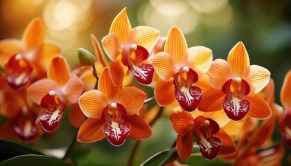 A close-up of vivid orange and red orchids in full bloom, surrounded by soft morning light and natural bokeh in a tropical garden