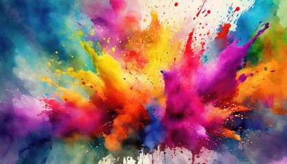 Obraz premium Abstract colorful paint explosion with vibrant splashes in red, yellow, blue, and purple, creating an energetic artistic composition