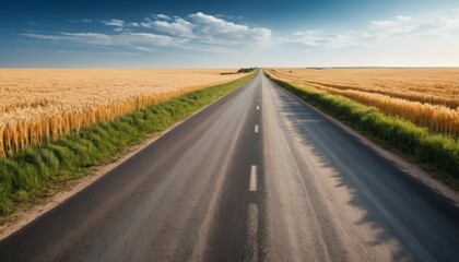 Empty Asphalt Road Through Wheat Fields Under a Blue Sky During Daytime for Transportation