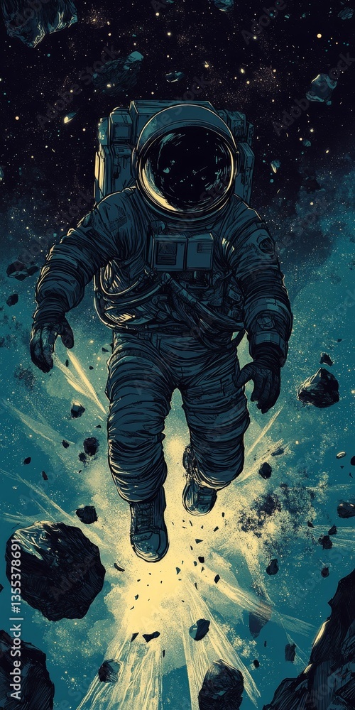 Poster astronaut floating in space with glowing energy.