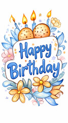 Obraz premium Birthday greeting card with cakes and flowers