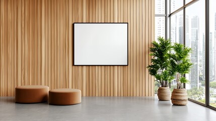 Modern Room Interior with Wood Panel Wall, Picture Frame, Plants and Cityscape View