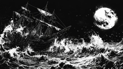 Fototapeta premium Ship sails stormy seas beneath a full moon.