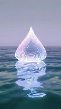 vertical 9:16 A massive, translucent teardrop made of glowing light hovers above a dreamlike ocean, its reflection shimmering in waves that ripple infinitely. Ethereal fantasy aesthetic
