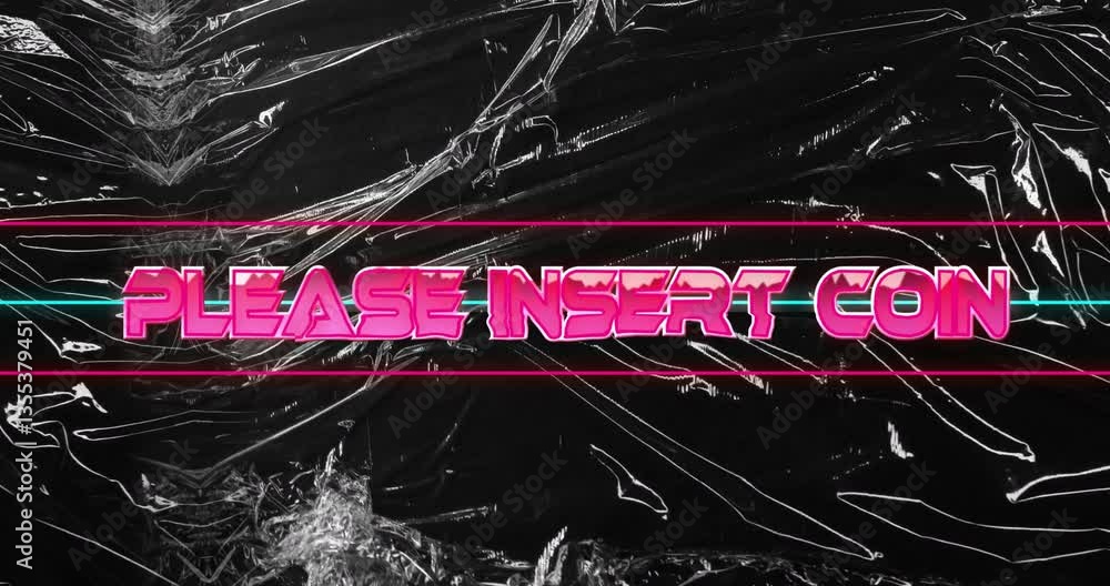 Poster neon please insert coin animation glowing on shiny black textured background