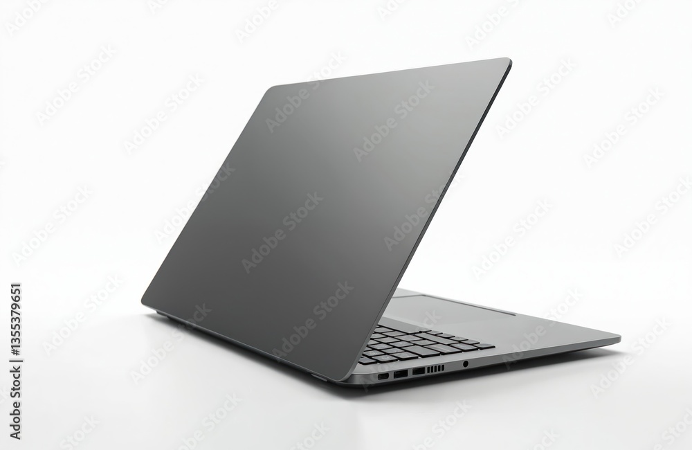 Poster back view of blank, open, slim gray laptop isolated on white background. modern portable computer. o