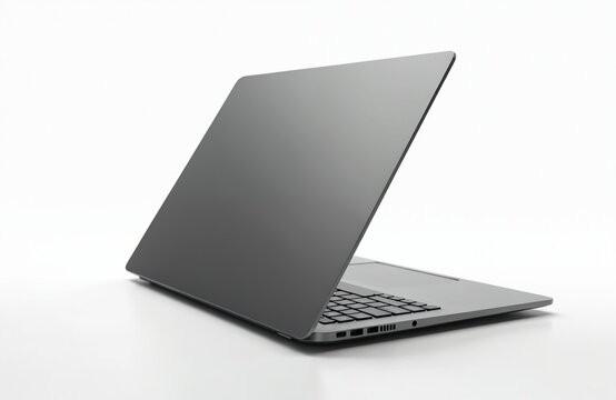 Back view of blank, open, slim gray laptop isolated on white background. Modern portable computer. Open silver metal notebook with keyboard. Technology, business, office gadget device for work, study.