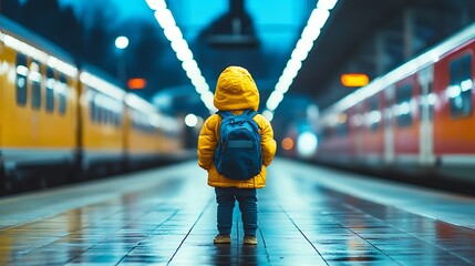 Individual in yellow jacket with blue backpack on modern wet train platform surrounded by stationary trains after rain