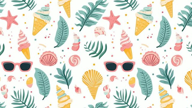 Seamless looping video pattern of summer symbols: seashells, leaves, and shades.
