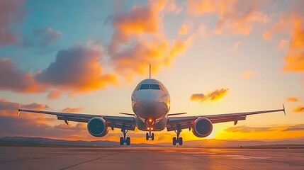 Fototapeta na wymiar A large airplane landing on the airport runway during sunset