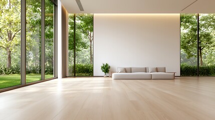 Modern Minimalist Interior Living Room with Large Windows and Natural Light