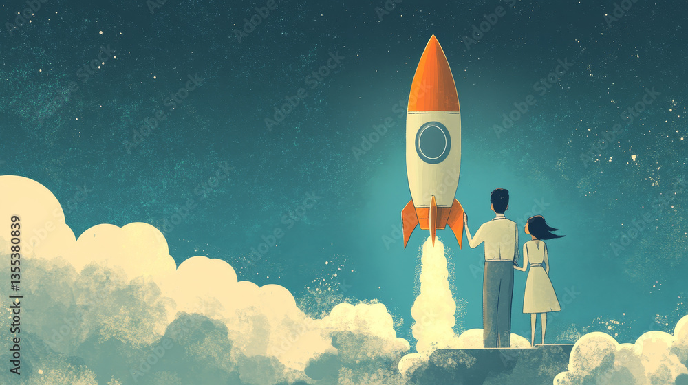 Poster rocket startup technology with robot, vector illustration, flat business man woman character design 
