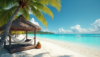 A tropical beach scene with white sand, turquoise water, and palm trees. A hammock hangs between two palm trees, and a thatched-roof cabana sits on the sand. The overall tone of the image is peaceful 