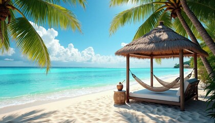 Obraz premium A tropical beach scene with white sand, turquoise water, and palm trees. A hammock hangs between two palm trees, and a thatched-roof cabana sits on the sand. The overall tone of the image is peaceful 