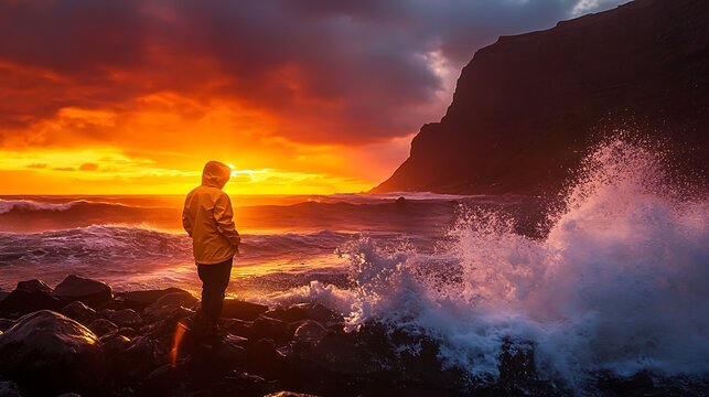 Yellow raincoat figure stands on rocky shore against crashing waves and fiery ocean sunset creating a breathtaking landscape view
