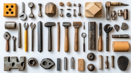 Assorted vintage tools arranged on white background