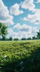 A serene landscape featuring lush green grass, trees, and a bright blue sky with clouds.