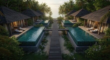 Tropical Villas with Pools and Palm Trees Leading to the Ocean