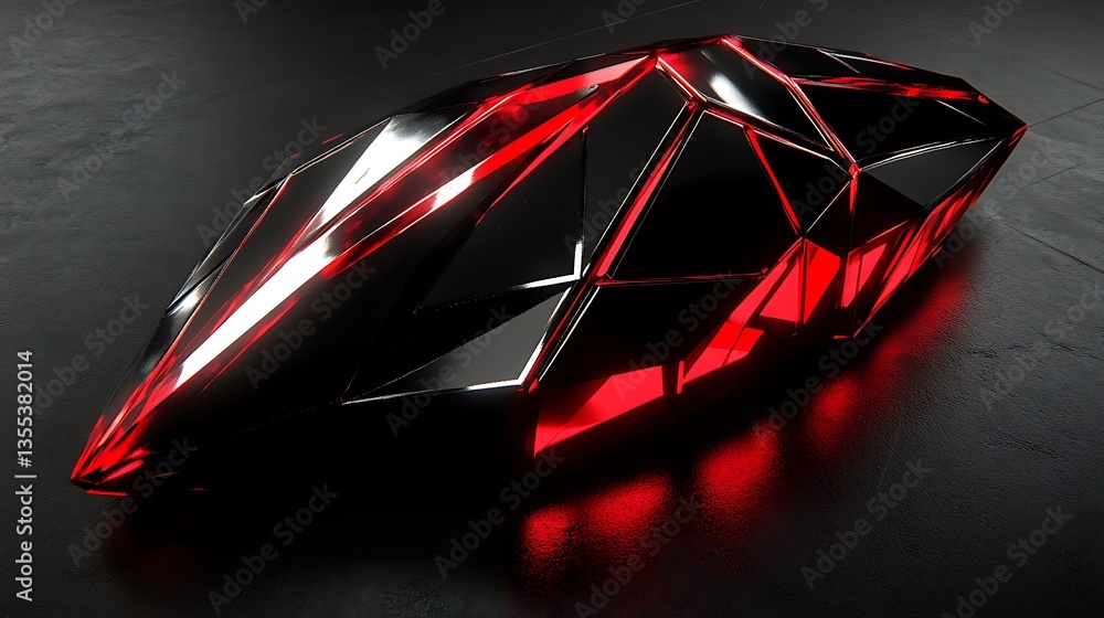 Poster a futuristic faceted object with red illuminated internal features