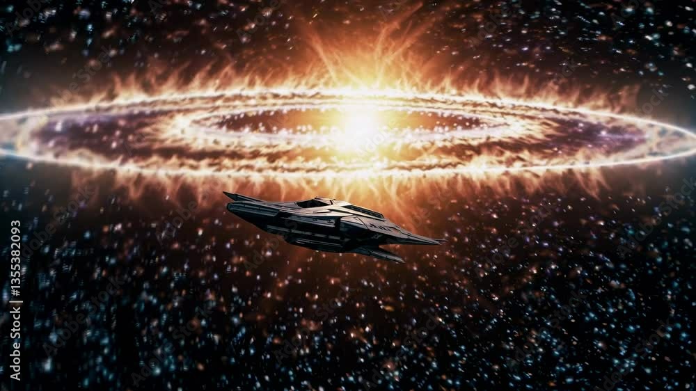Poster a spaceship soars through a galaxy with swirling stars, captured from a low-angle view, creating a c
