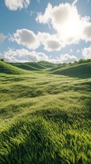 Fototapeta premium A serene landscape with rolling green hills under a bright sky filled with fluffy clouds.