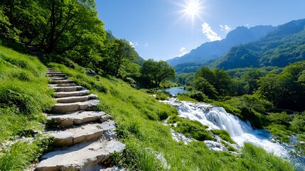 Scenic Waterfall and Stone Steps in a Lush Green Mountain Landscape Under Sunshine