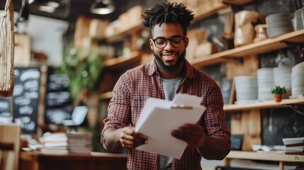 Happy Black Business Owner Reviewing Documents in Cozy Shop