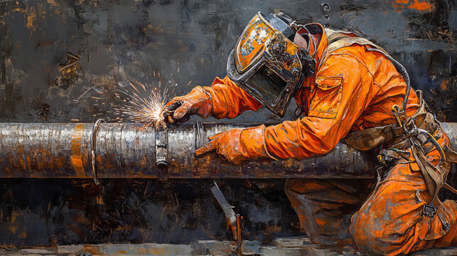 Welder in orange uniform and safety gear welding metal pipe. Industrial worker performing welding work vector illustration. Safe welding practices and construction work.
