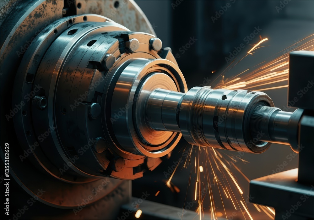 Poster close-up of a precision machine tool creating sparks during metalworking