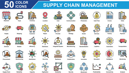 Supply Chain Management Icon Set Collection. Containing Shipment, Track, Inventory, Distribution, Cost, Communication, Production, Cash Flow, Supply, Logistics. Simple Color Vector Illustration.