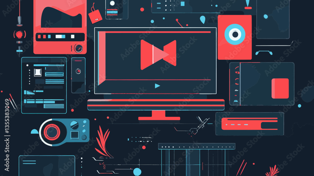 Poster futuristic media streaming concept with digital devices and interfaces vector illustration for techn