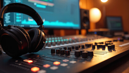 Close-up audio mixer with headphones in professional recording studio. Sound equipment for music production, audio editing, mixing. Tech tools, sound engineer workspace, music industry.