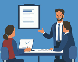 Fototapeta premium Business Meeting Note Taking Minimalist Vector, Confident Businessman Presenting During Professional Discussion, Educational Lecture Summary