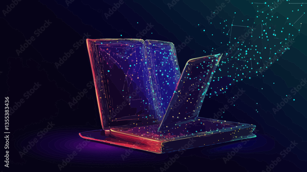Poster low poly laptop and book vector illustration: 3d textbook and notebook display mesh art representing