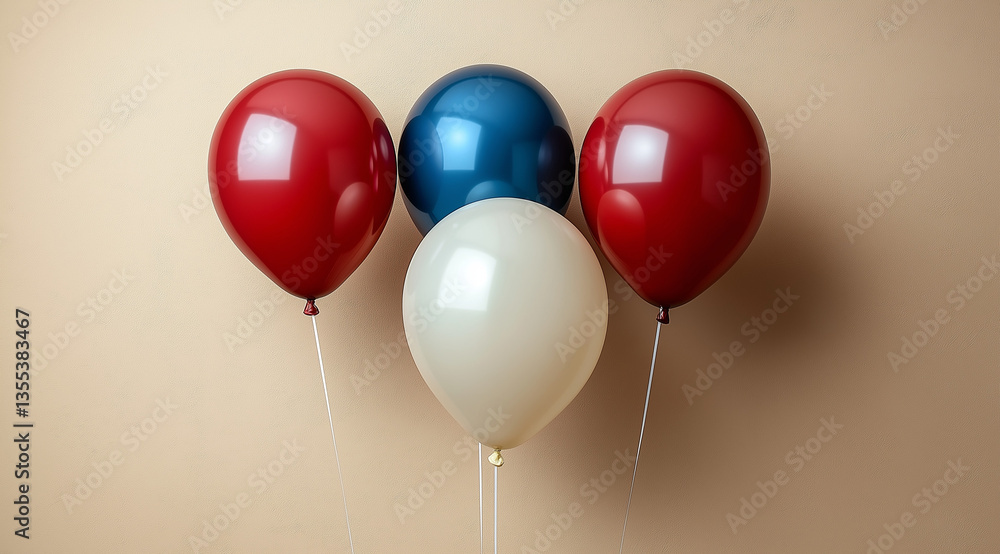 Poster light beige background with american flag-themed balloons and colorful strings