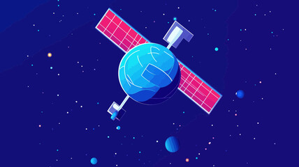 Modern Satellite in Outer Space with Red Solar Panels Against Starry Background - Space Technology Vector Illustration for Communication, Navigation, and Research Concepts