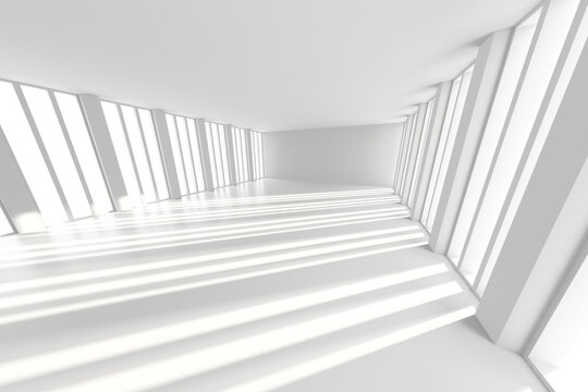 Abstract minimalist white interior with dramatic light and shadows for modern design concepts. 3d render