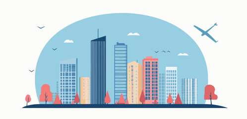 Obraz premium Modern Urban Cityscape Vector Illustration with Skyscrapers and Tall Buildings, Ideal for Architecture and Urban Design Concepts, Blue and Red Color Scheme, Future Urban Development