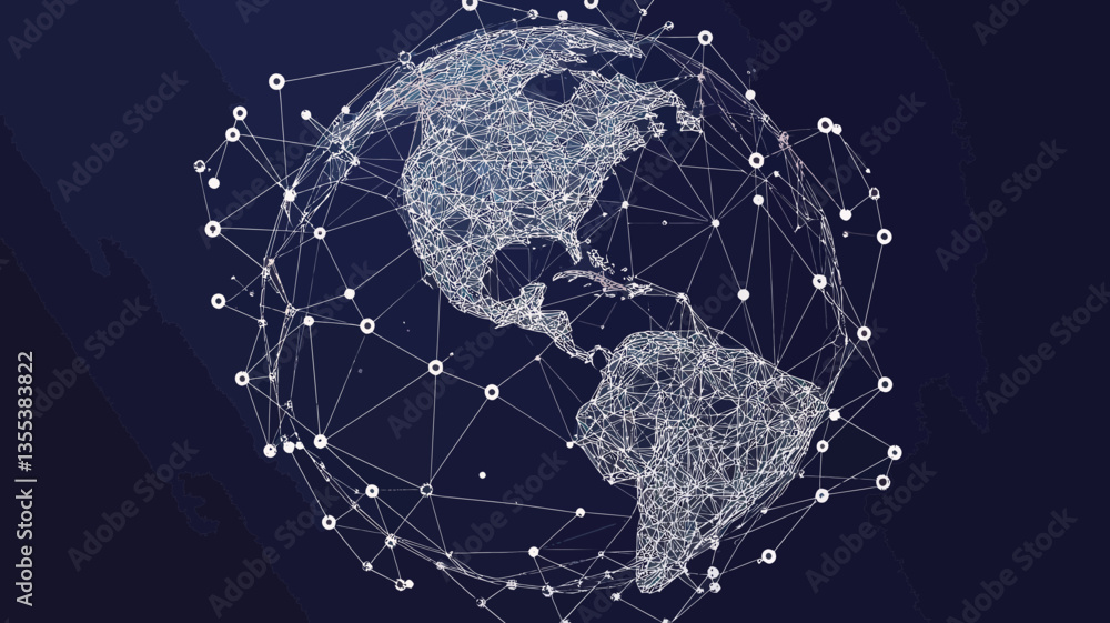 Poster abstract polygonal earth with connecting dots and lines, futuristic wireframe low poly planet illust