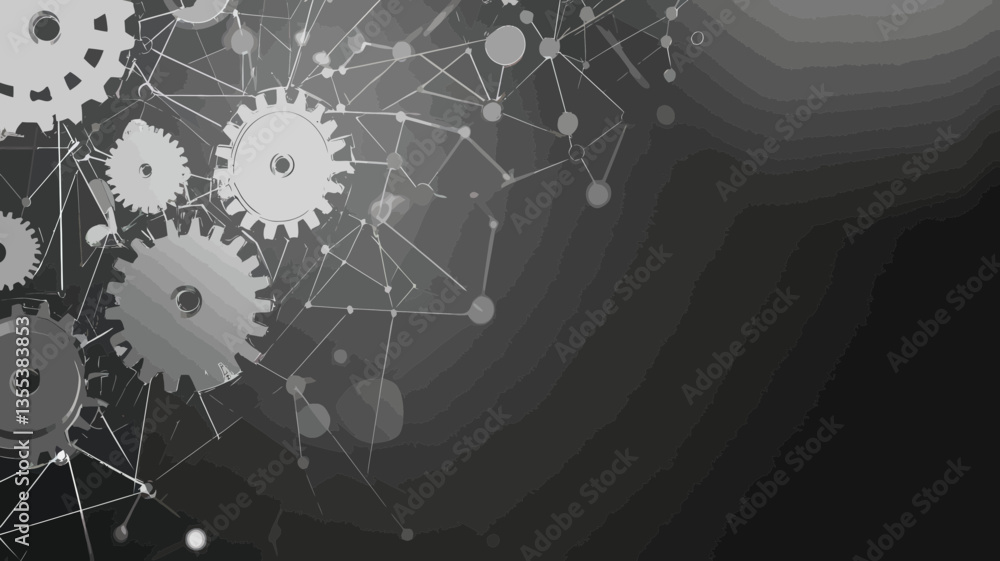 Poster interconnected grey gears with polygonal lines and dots on abstract background - modern technology a