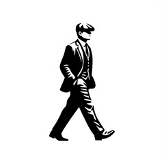 silhouette vector of businessman wearing suit cap walking  
