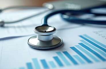 Stethoscope rests on financial report with upward trending graph, symbolizes growth in healthcare. Positive dynamics in medical area. Healthcare industry concept. Blue silver colors.
